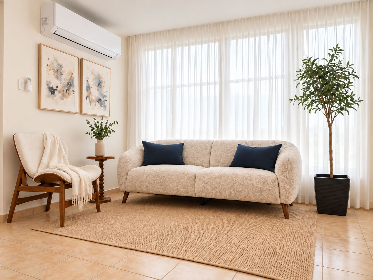 A living room with a beige sofa, a wooden chair, a small table with a plant, and a large window with sheer curtains.