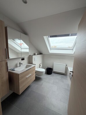 Une salle de bain moderne avec un puits de lumière, des toilettes, un lavabo et un radiateur.
