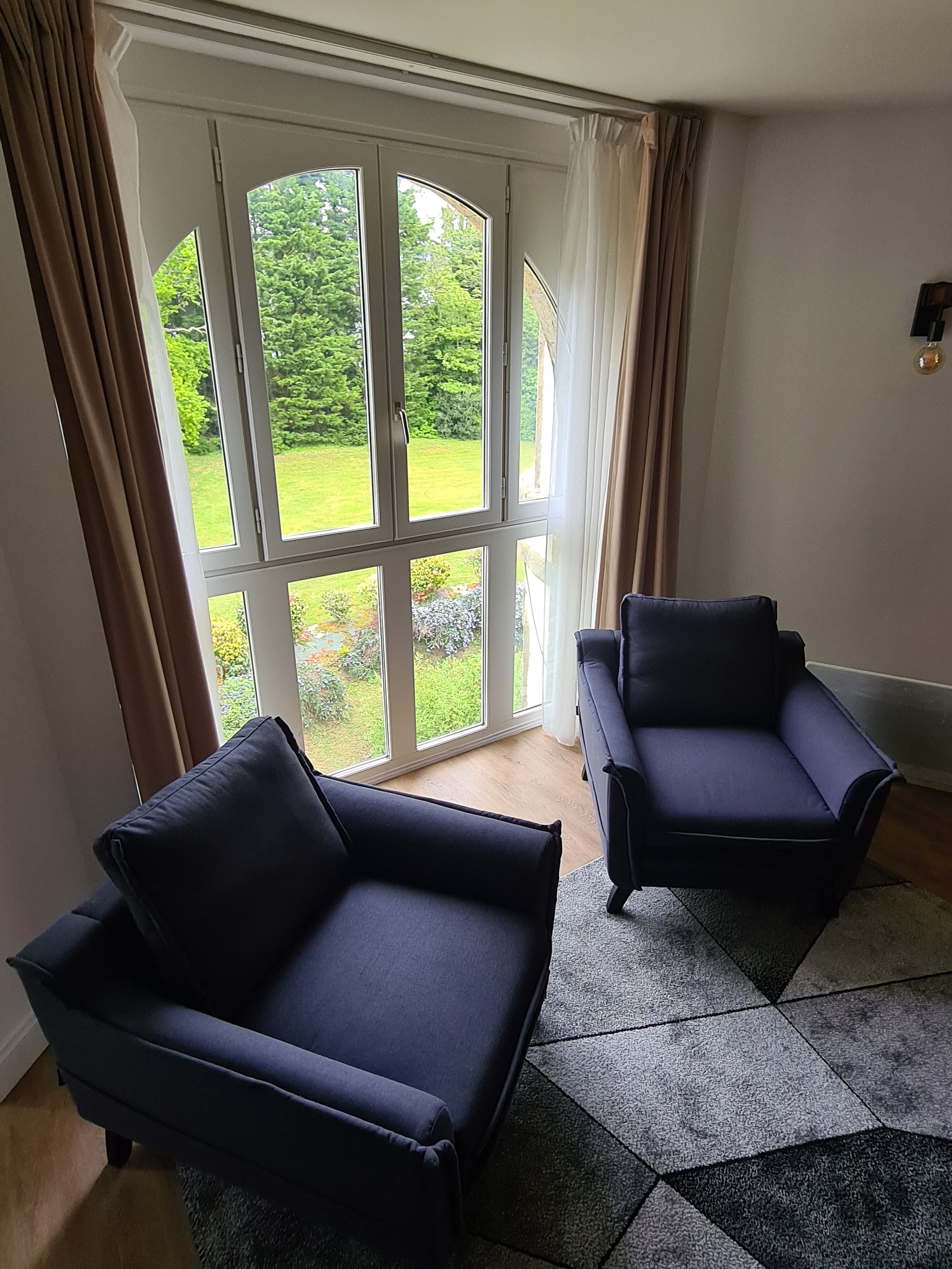 A room with two dark-colored sofas, a large window with curtains, and a geometric patterned rug.