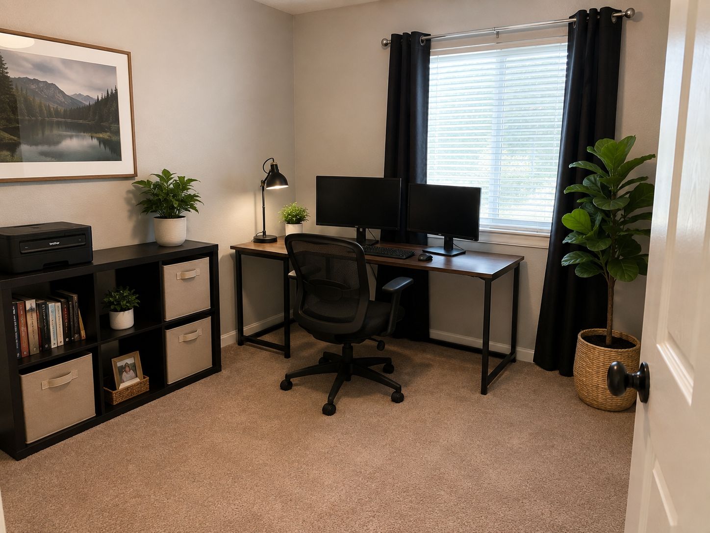 A home office with a desk, two monitors, a printer, a bookshelf, and a potted plant.