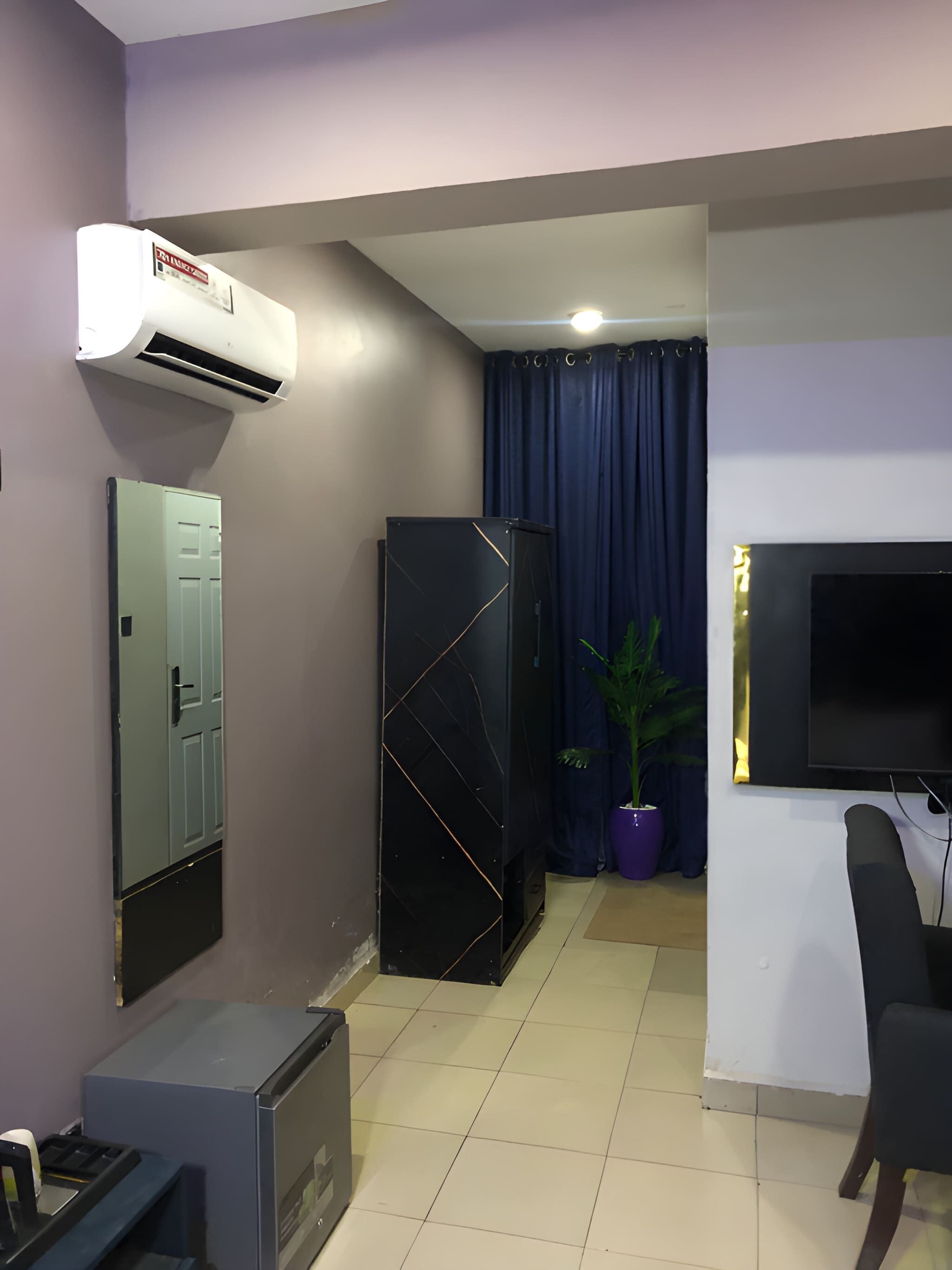 A modern living room with a flat-screen TV, a black entertainment unit, a potted plant, and a ceiling-mounted air conditioner.
