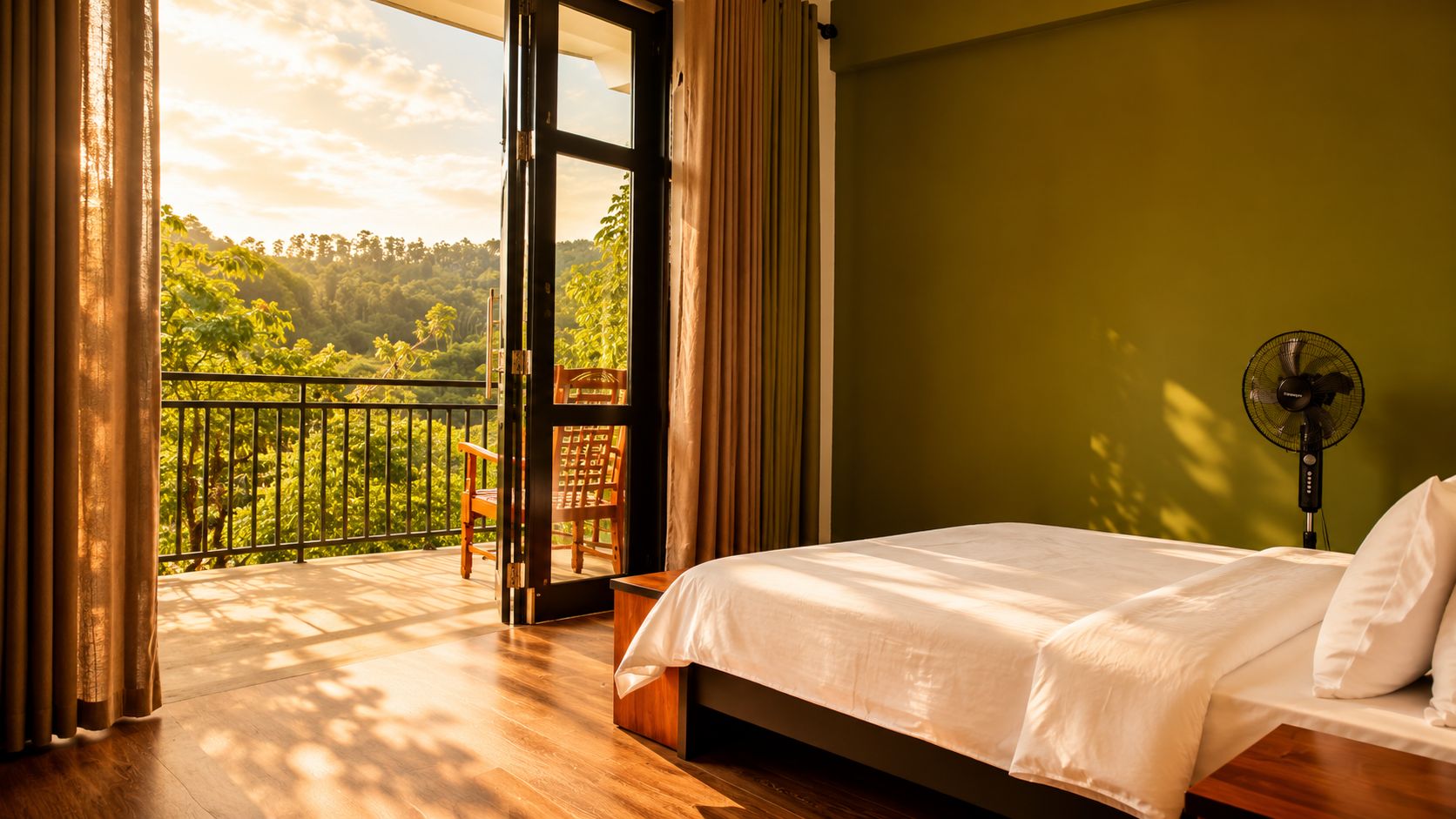 Una camera da letto con un letto, una ventola e vista su un balcone con una sedia.
