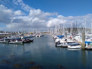 Un port de plaisance où de nombreux bateaux sont amarrés, l’eau est calme et le ciel est dégagé.