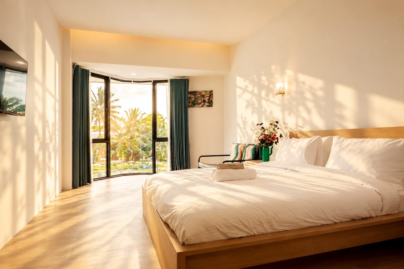 A hotel room with a large bed, a view of palm trees, and a sliding door leading to an outdoor area.