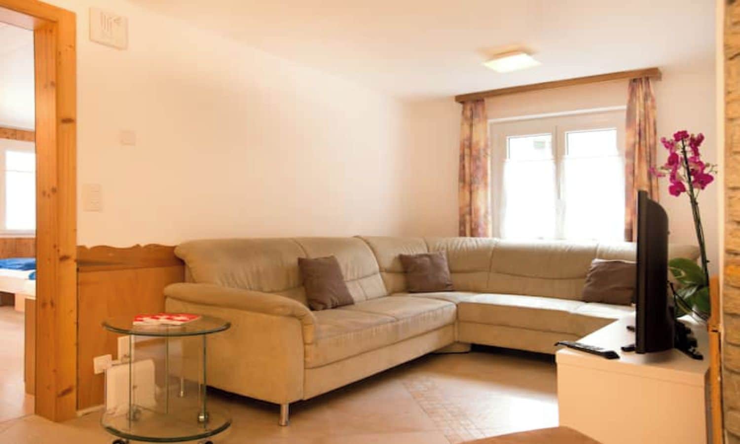 A living room with a beige sofa, a glass coffee table, a flat-screen TV, and a potted plant.