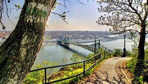 Ein Weg mit Geländer, ein Baum und der Blick auf eine Brücke über dem Wasser.