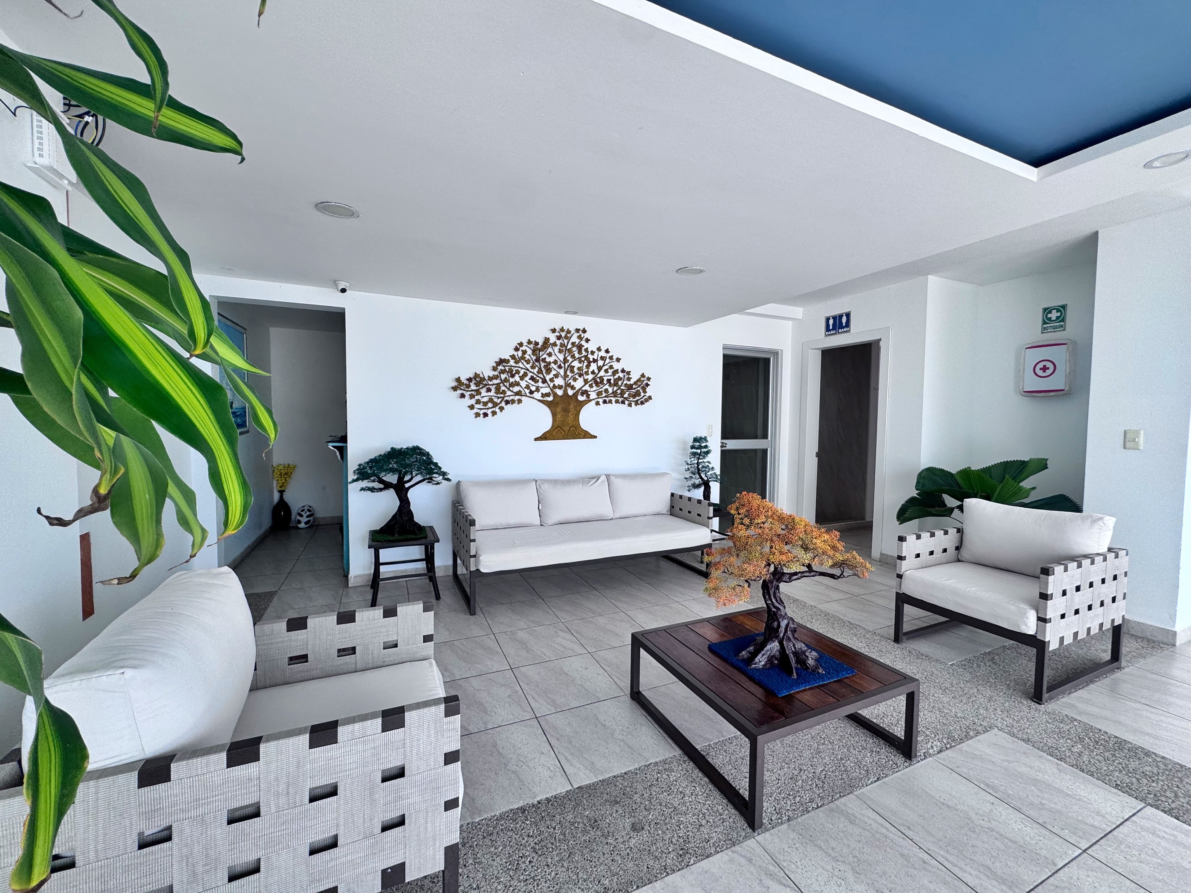 Una sala de estar moderna con un sofá, sillas, una mesa de centro y plantas decorativas.