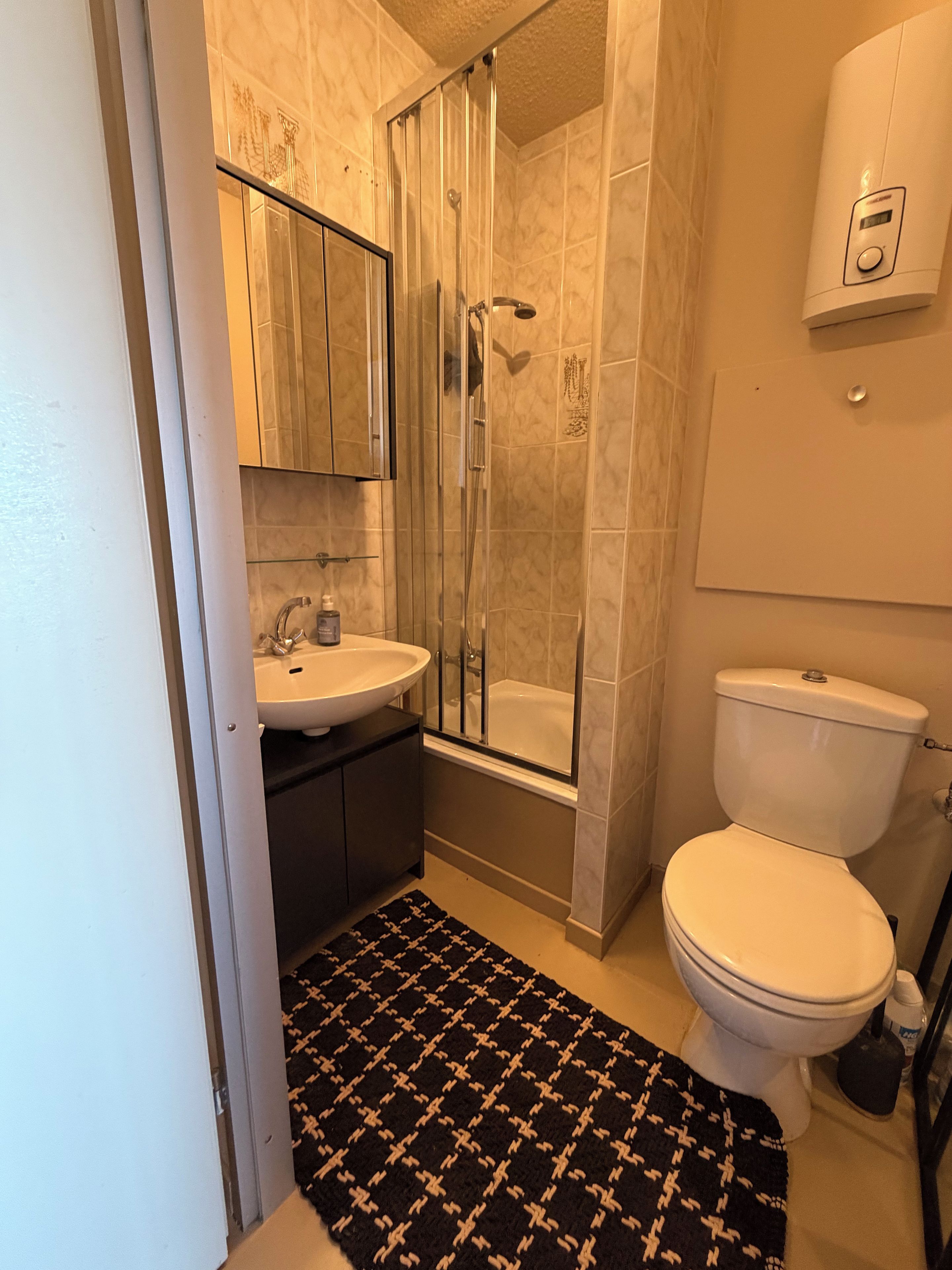Une salle de bain avec une douche à parois de verre, des toilettes blanches et un lavabo avec un miroir au-dessus.