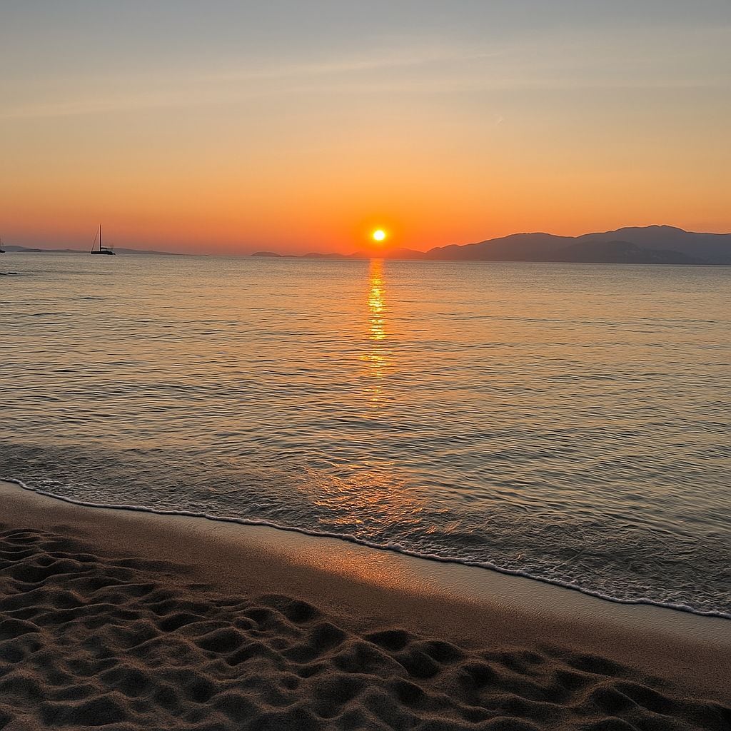 A beach with a calm sea, a boat in the distance, and a sunset.