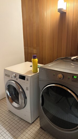 A front-loading washer and dryer side by side in a laundry room with a wooden wall and a light fixture above. - Cozy, Clean Basement Apartment in a Quiet Area (Richmond Hill)