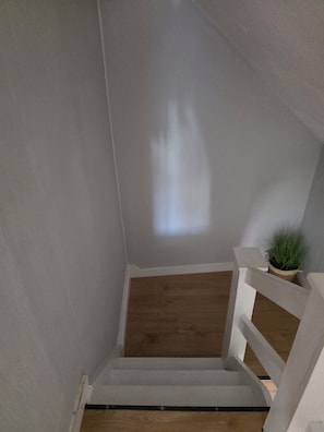 A staircase with a wooden floor and white railings, leading to a higher level.