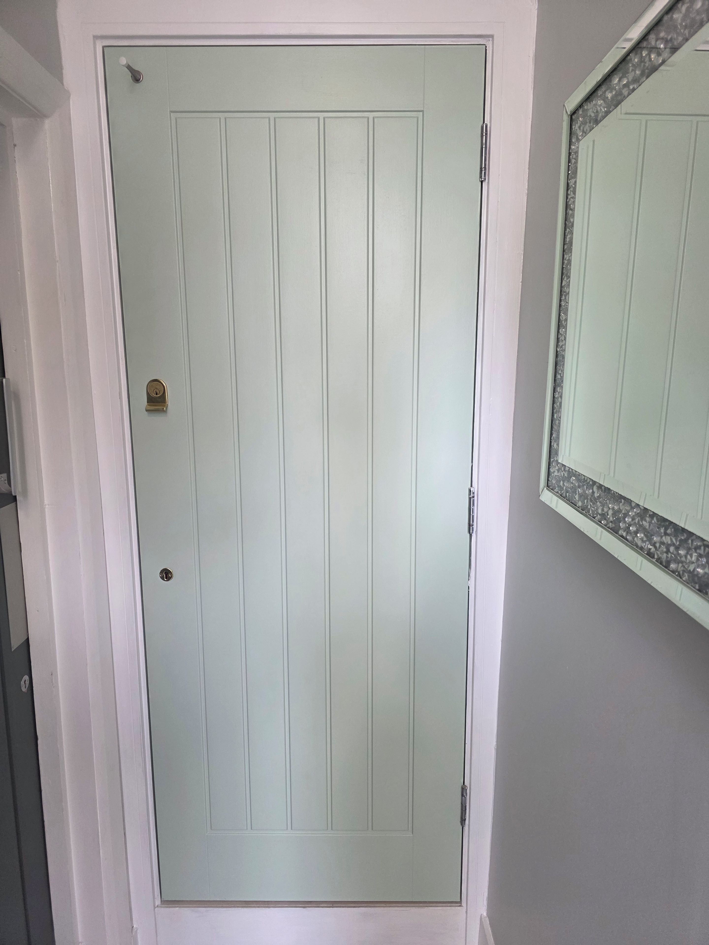 A closed door with a keyhole and a handle.