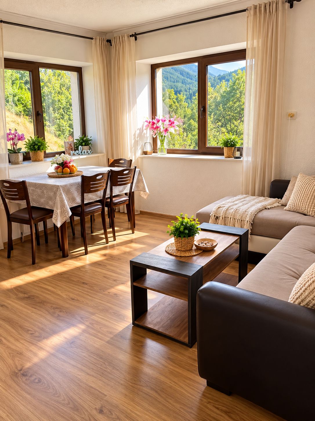 A room with a dining table, chairs, a sofa, a coffee table, and two windows with curtains.