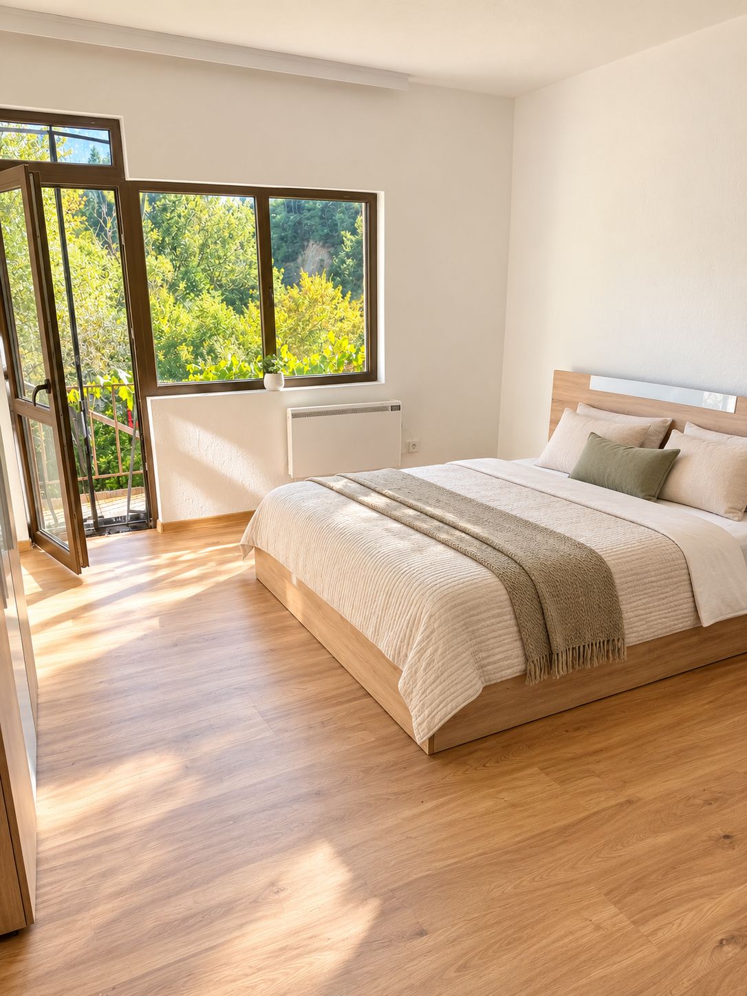 A bedroom with a large bed, a window with a view of greenery, and a sliding door leading to an outdoor area.