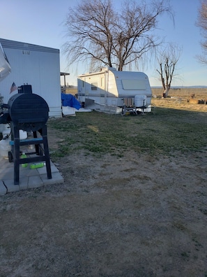 Ein Campingplatz mit Grill, einem weißen Wohnmobil und einem Baum.
