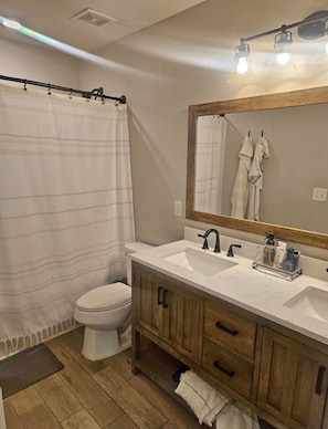 A bathroom with a shower curtain, a toilet, a sink with a mirror, wooden cabinets, and a towel rack. - 2-bedroom apartment in peaceful The Plains with AC (The Plains)