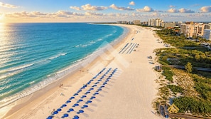 Ein Strand mit Reihen blauer Sonnenschirme, sandigem Ufer und einer Stadtkulisse im Hintergrund.