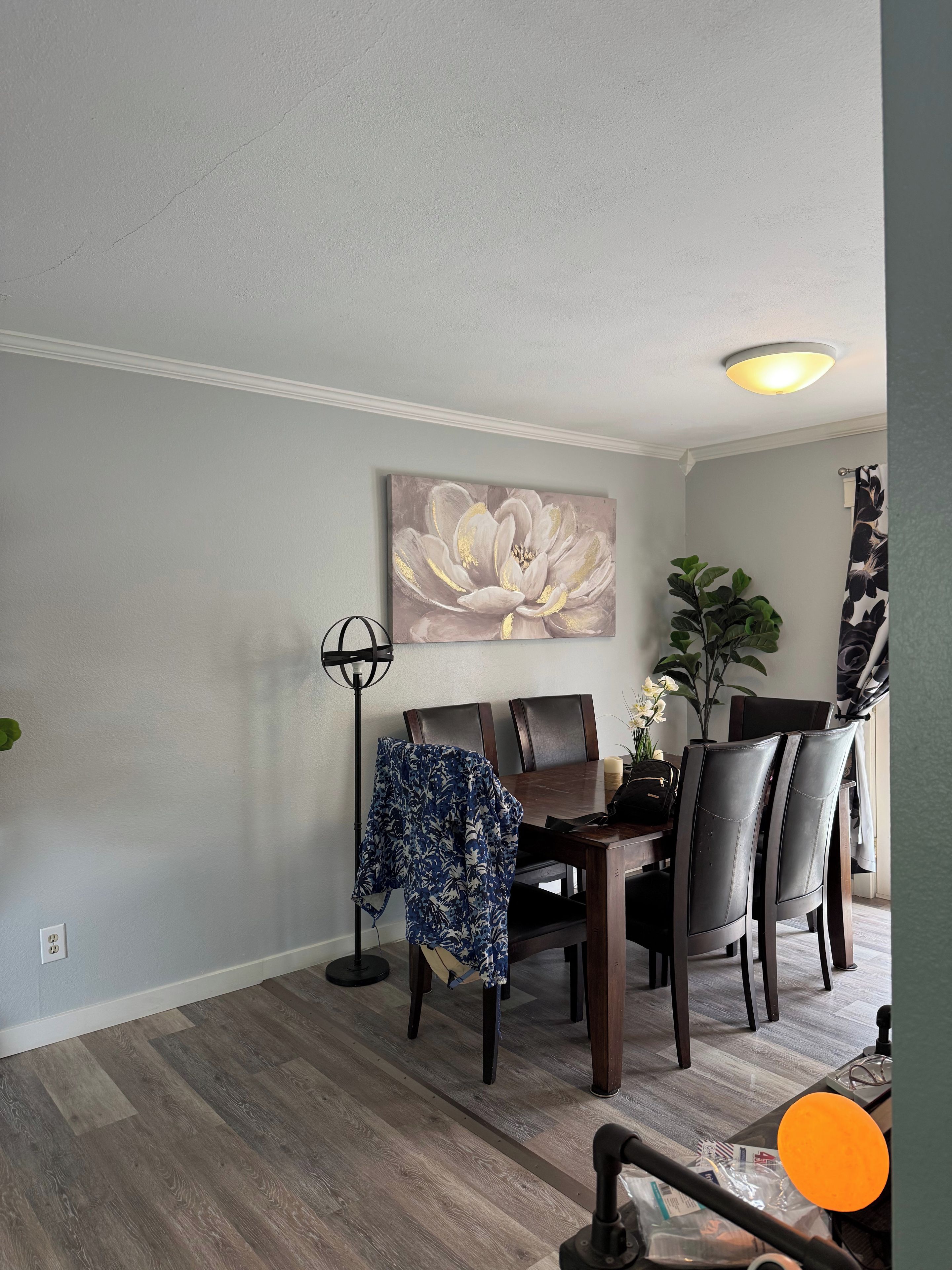 A dining area with a table, chairs, a painting, a potted plant, and a floor lamp.