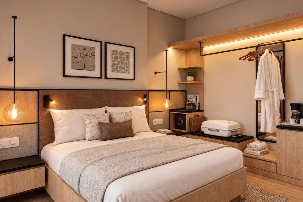 A modern hotel room with a bed, bedside tables, a wardrobe, and a mirror.