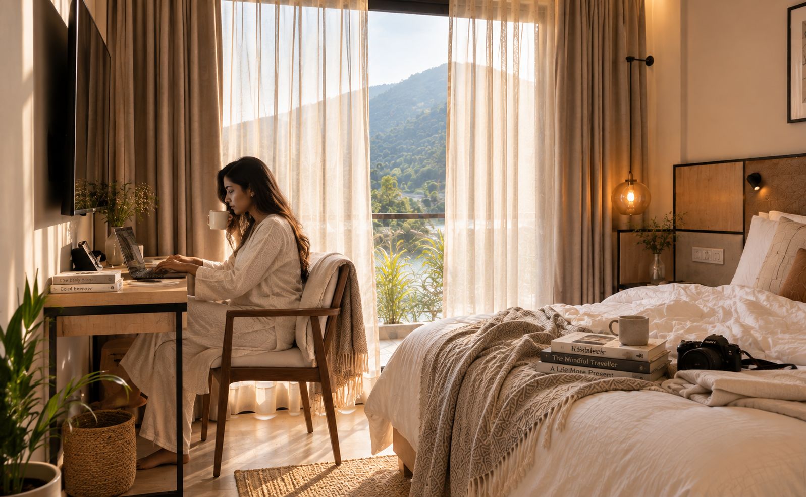 A bedroom with a bed, a desk, and a laptop.
