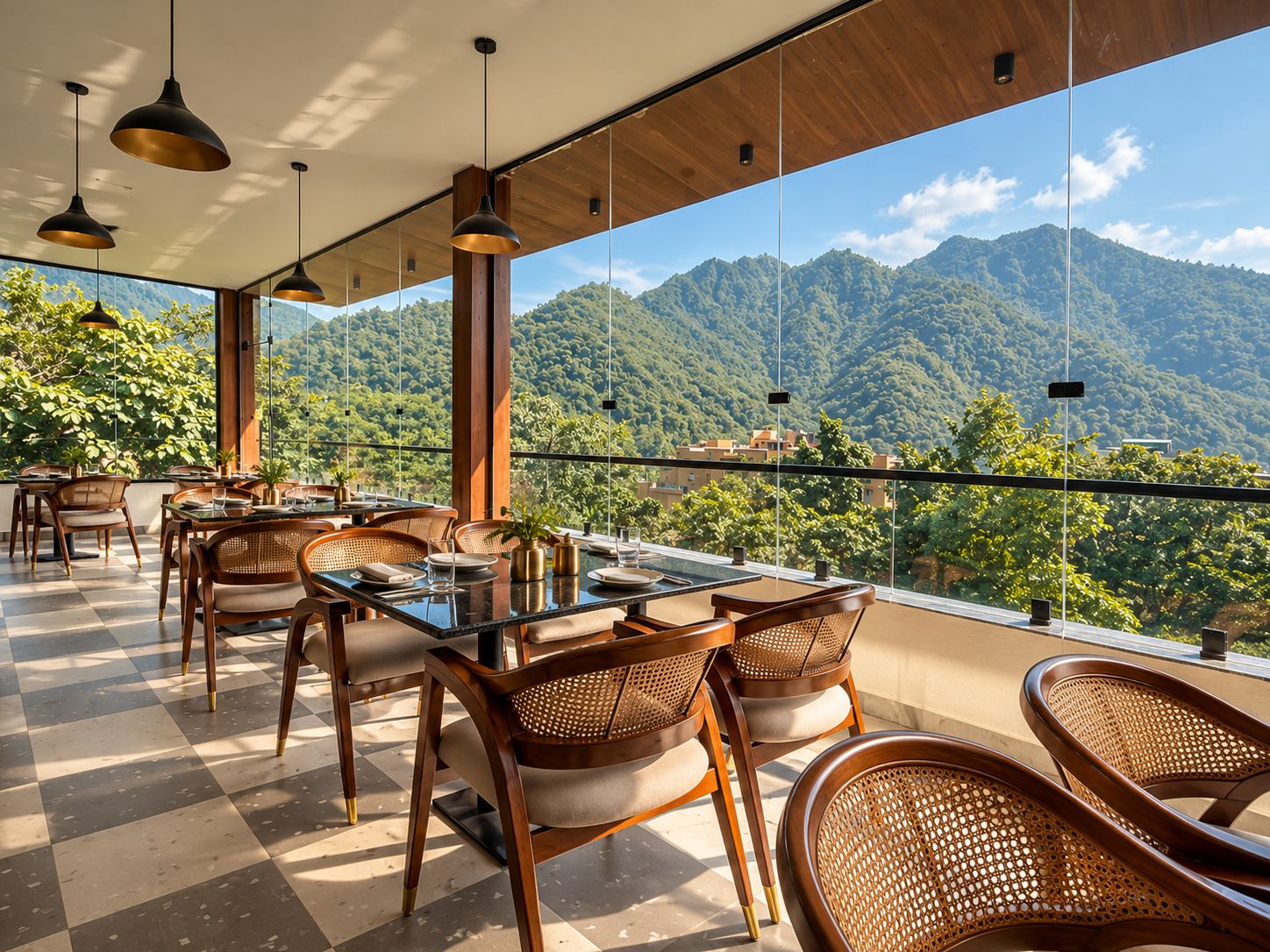 A restaurant with a terrace overlooking a mountainous landscape.