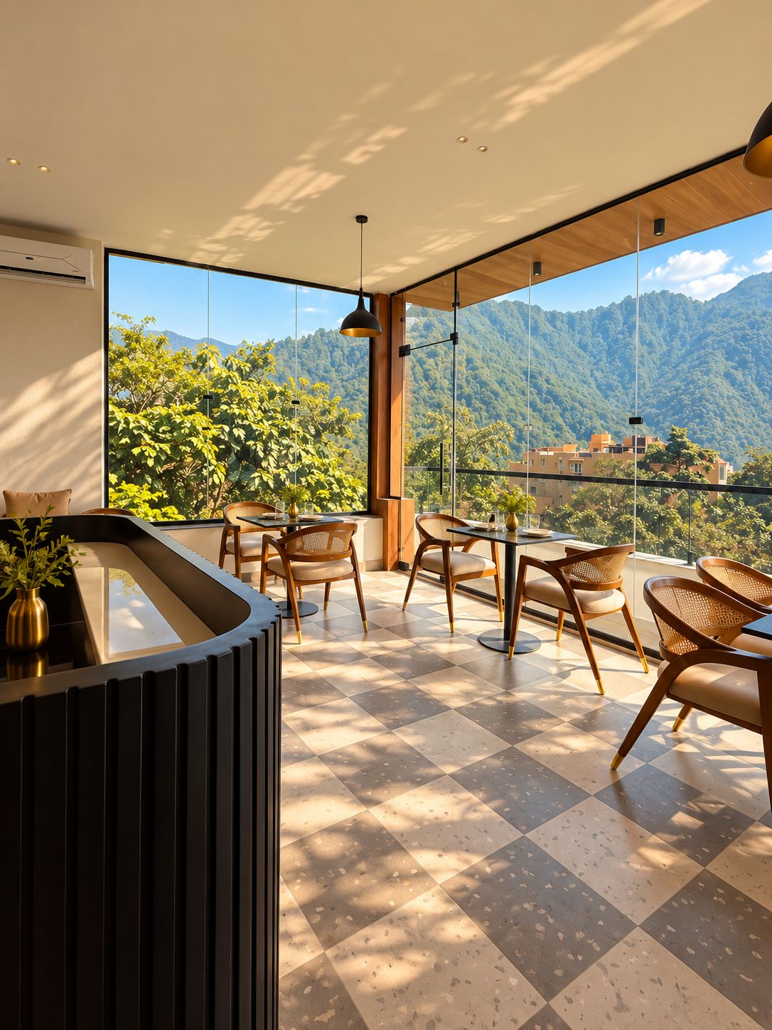 Un área de comedor exterior moderna con vistas a montañas y vegetación.