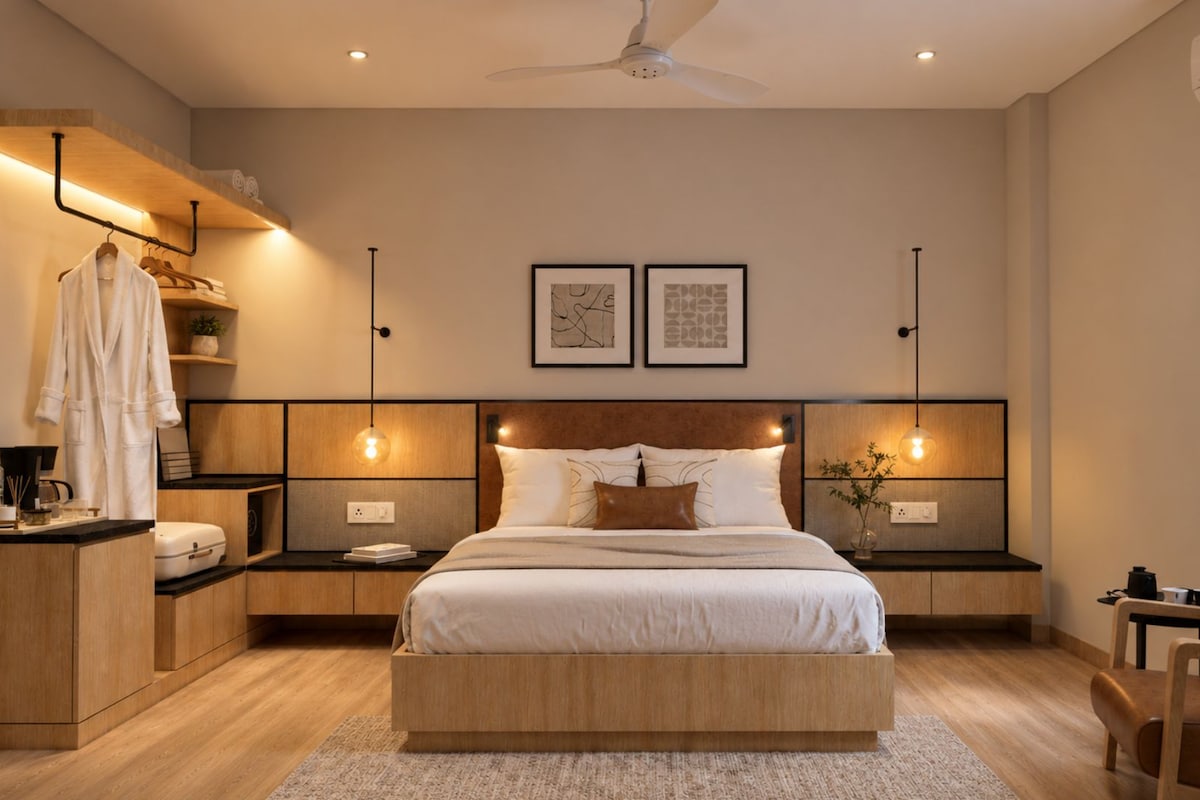 A modern bedroom with a large bed, bedside tables, a wardrobe, and a ceiling fan.