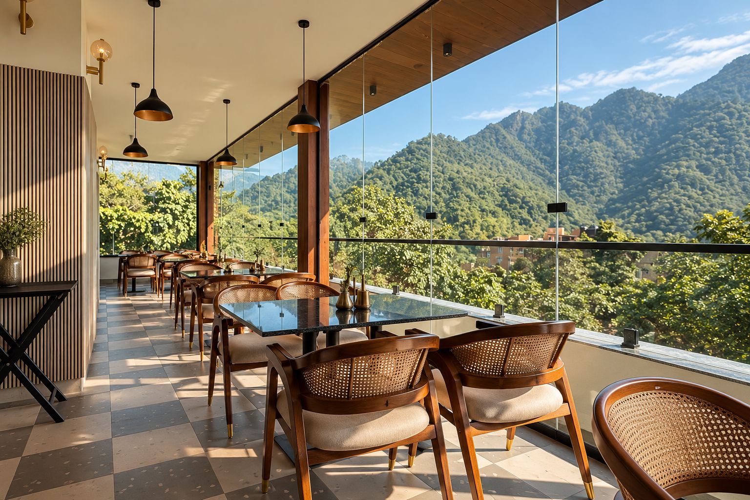 A terrace with tables and chairs, overlooking a mountainous landscape.