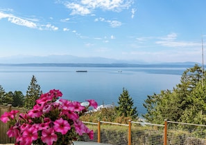 A view of a lake with boats, surrounded by greenery and mountains in the distance. - Whidbey Island Water View Oasis with Hot Tub. (Freeland)
