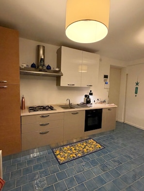 A modern kitchen with a gas stove, sink, and dishwasher. There is a ceiling light fixture and a small window with a thermostat. - New Listing (Palermo)