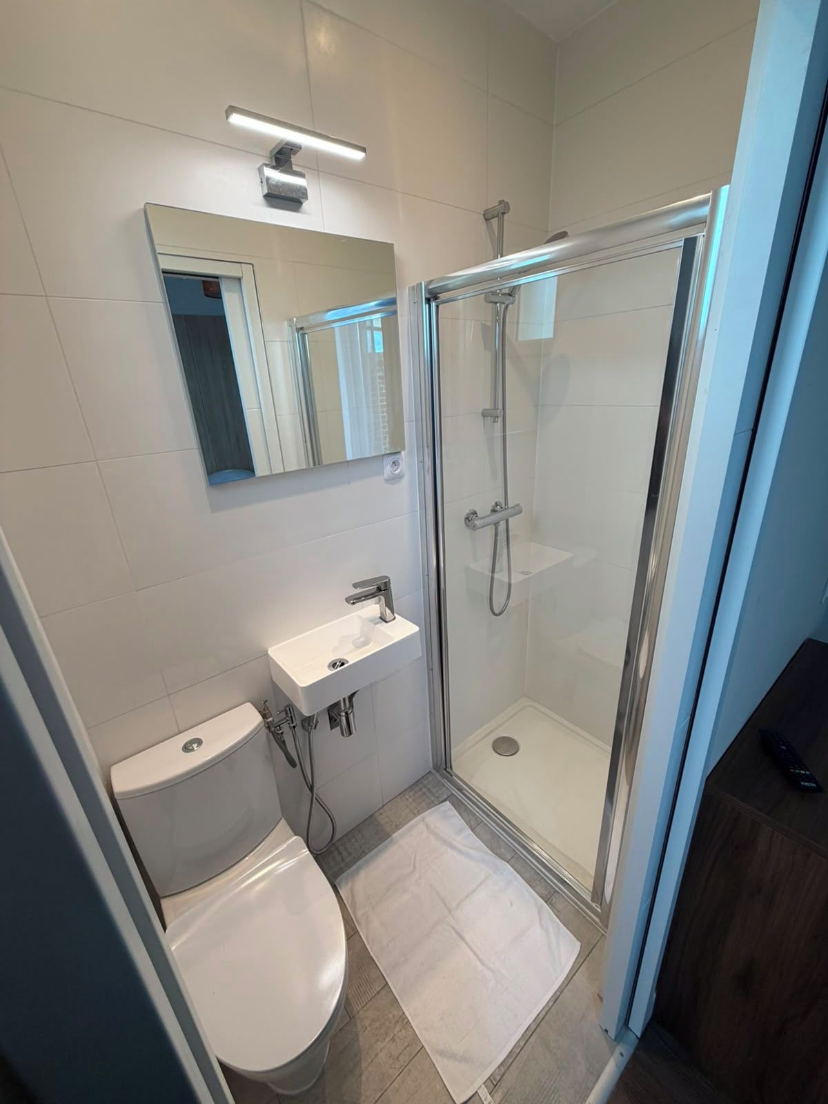 Une salle de bain moderne avec une douche à parois de verre, des toilettes blanches et un lavabo avec un miroir au-dessus.