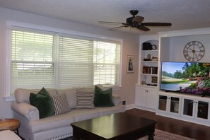 Ein Wohnzimmer mit einer Couch, Couchtisch, Fernseher, Deckenventilator und Bücherregal.