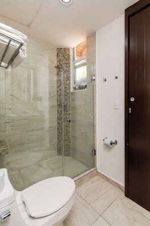 A bathroom with a glass-enclosed shower, a toilet, and a door with a handle. - Cozy 2BR Condo in Downtown Playa del Carmen Prime Location (Playa del Carmen)
