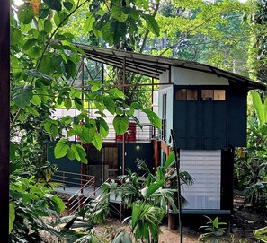 A two-story structure with a metal framework and a flat roof, surrounded by dense foliage. - New Listing (Puerto Viejo de Talamanca)