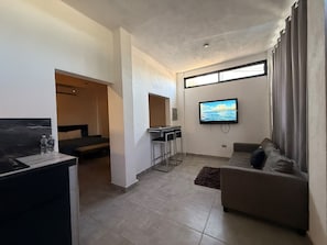 Uma sala de estar moderna com televisão de tela plana, sofá, mesa de centro e área de cozinha com balcão.