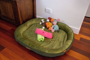 A pet bed with toys and a rolled-up towel on a wooden floor. - School house by the bay, beach walks, large yard, happy paws (Rippleside)