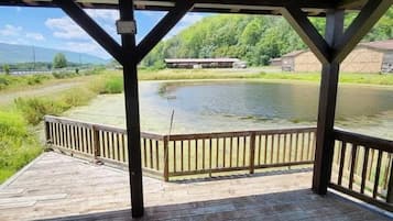Une terrasse en bois dotée d’une rambarde, qui offre une vue sur une étendue d’eau et sur la végétation environnante.