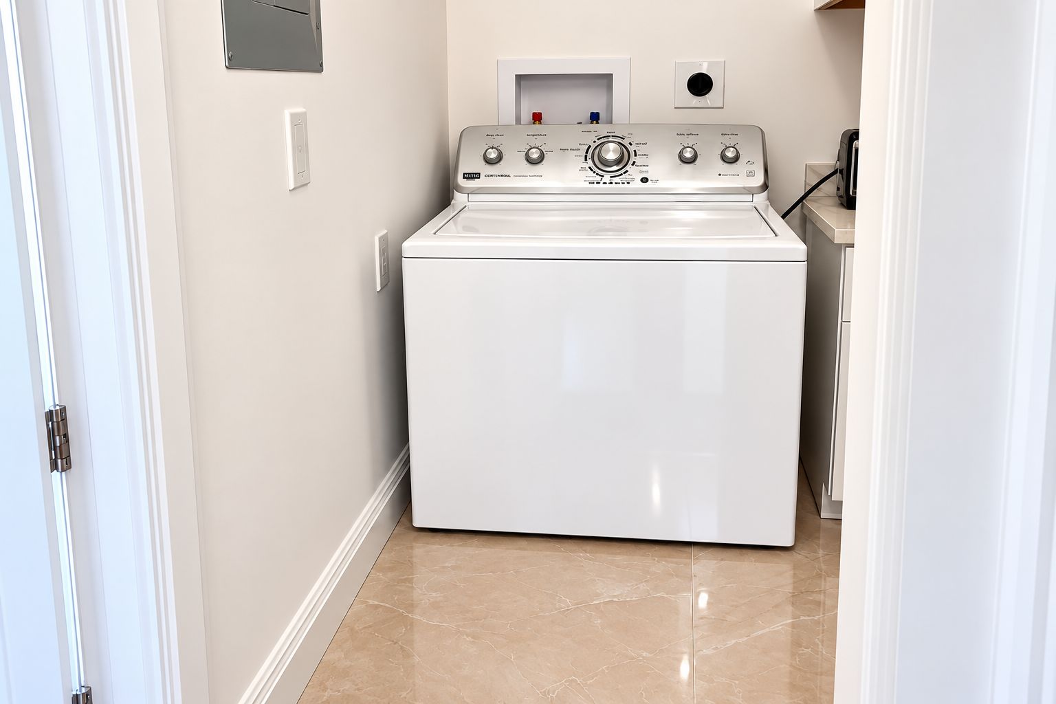Un appareil compact, blanc, combinant une machine à laver et un sèche-linge à chargement frontal, situé dans une buanderie avec un sol carrelé et une porte blanche.