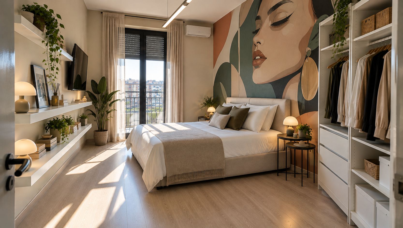 Un dormitorio moderno con una cama grande, mesitas de noche, un armario y vistas a la ciudad.