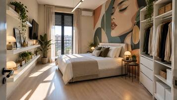 Un dormitorio moderno con una cama grande, mesitas de noche, un armario y vistas a la ciudad.