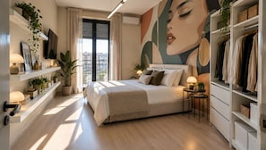 Un dormitorio moderno con una cama grande, mesitas de noche, un armario y vistas a la ciudad.