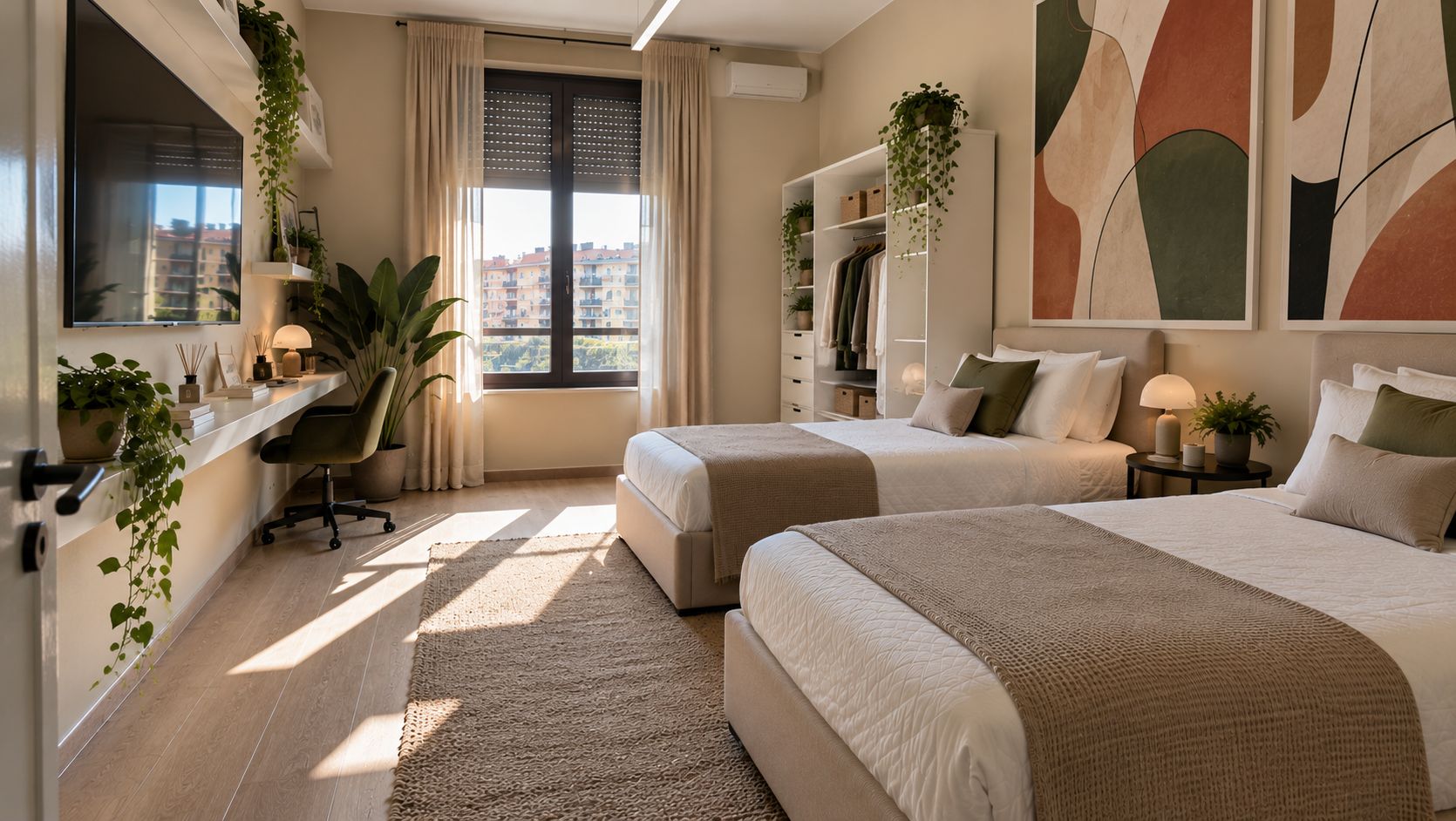 Habitación de hotel con dos camas, un escritorio, una silla y un amplio ventanal con cortinas.