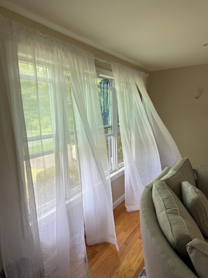A room with a large window covered by sheer curtains, a green sofa, and a wooden floor.