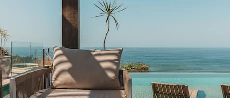 A lounge area with a view of the ocean, a palm tree, and a wooden deck.