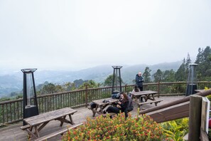 Une terrasse en bois avec des tables de pique-nique, offrant une vue sur un paysage montagneux.