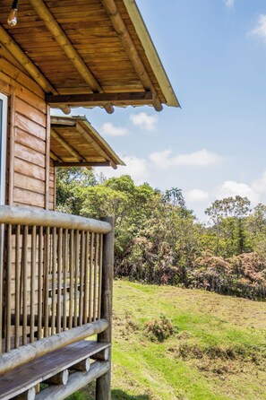 Une cabane en bois avec un porche et une cour gazonnée.