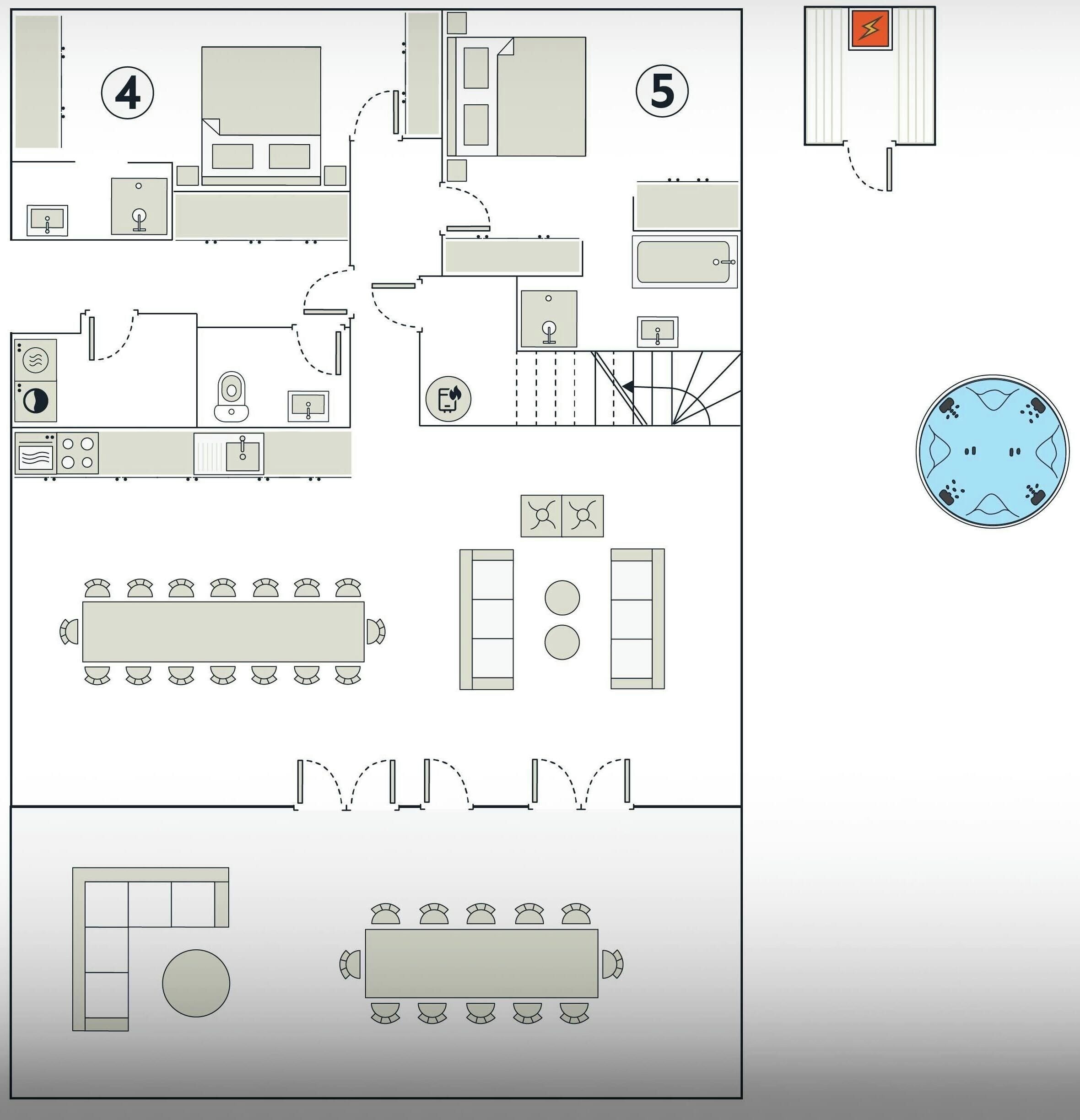 Plano de planta de un hotel que muestra varias habitaciones, un comedor y una zona de estar circular.