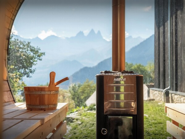 Un estufa de leña Harvia con vista a montañas a través de una ventana.