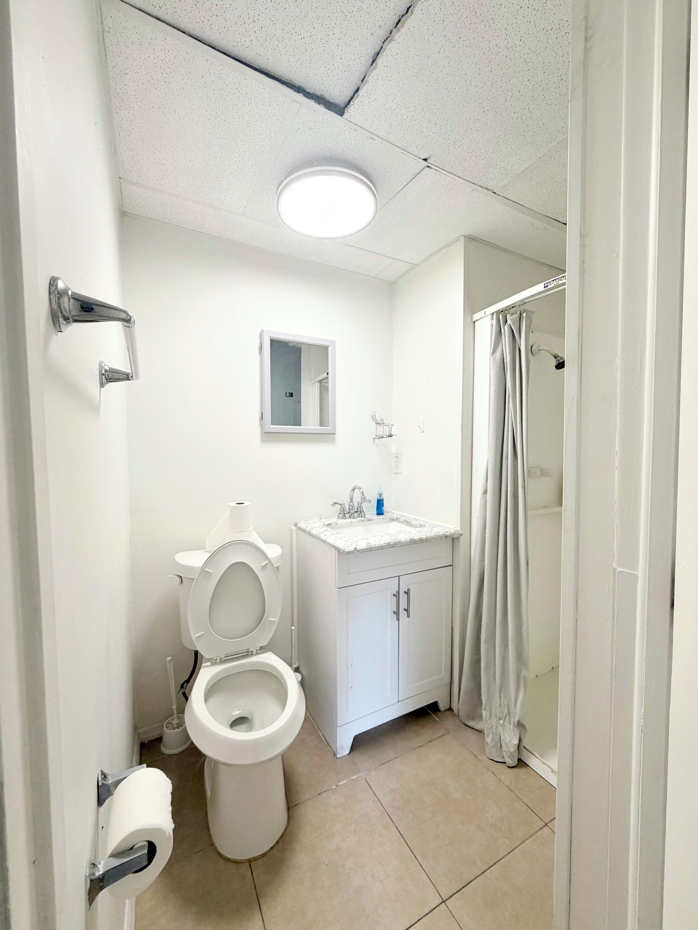 A bathroom with a toilet, sink, mirror, and shower curtain.