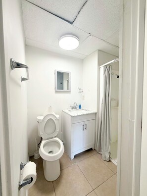 Un bagno con il water, un lavandino, uno specchio e una tenda da doccia.